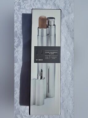 Viski Stainless Steel Cigar Holder & Flask in Silver Earnest Hemingway Erched